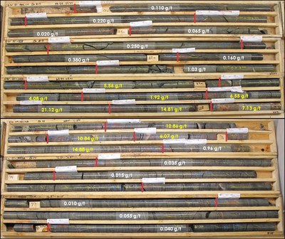 Figure 6: Drill core displaying Gold mineralization observed in GW21-128 (CNW Group/MAS Gold Corp)