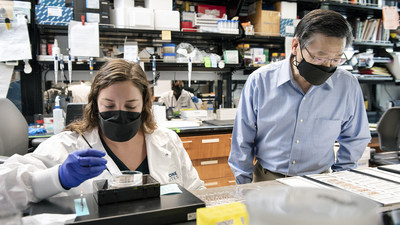 Gladstone scientists uncover evidence that neurons are more sensitive to degeneration when they contain high levels of the protein apoE, which is associated with a higher risk of developing Alzheimer's disease. Shown here in the lab are Nicole Koutsodendris (left) and Yadong Huang (right), authors of a new study. Photo: Michael Short/Gladstone Institutes