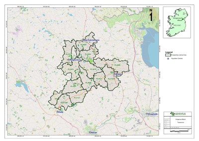 Figure 1: Prospecting licenses location map, Kingscourt block (CNW Group/Adventus Mining Corporation)