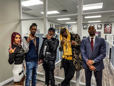 Keishia McLeod, CEO of Legacy Records, pictured with artists Jaymison Beverly, Suave Fello, and KandymanBK, along with Navarro W. Gray, ESQ. (PRNewsfoto/Legacy Records)
