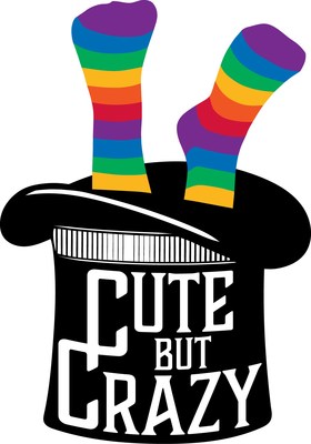Cute But Crazy's logo is a magician's hat with rainbow-stripe sock-clad feet poking up like rabbit ears to convey the whimsical, magical energy of the brand.