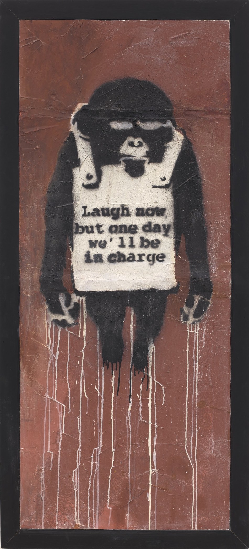 Laugh Now Panel A de Banksy, pintura en spray y emulsión en muro en seco de 178,5 x 74& cm. Estimación: 22.000.000 - 32.000.000 de dólares de Hong Kong / 2.820.000 - 4.100.000 dólares de los EE.& UU. (PRNewsfoto/Phillips)
