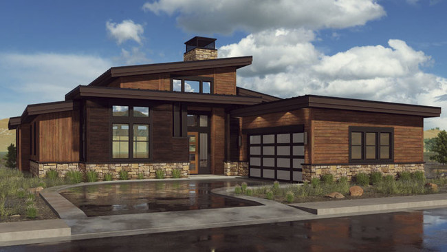 A photo rendering of The Oak-Flex option home build in the Red Ledges new neighborhood of Mountain View Village. This home option is two-levels at 3,917 square feet with 4 bedrooms, 6 baths and an attached two car garage.