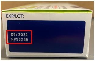 The batch numbers are printed on the product carton as indicated in the red box (e.g. the batch number is KP53230)