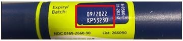 The batch numbers are also printed on the product. The red box shows where the batch number is located on the pen (e.g. the batch number is KP53230)