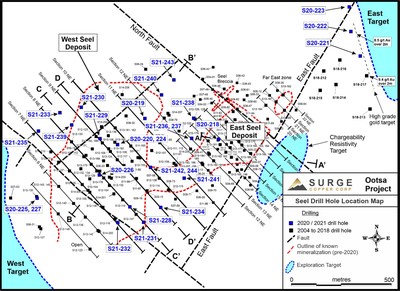 Figure 1. Plan map of drill hole locations for 2020-2021 Ootsa drill program. (CNW Group/Surge Copper Corp.)