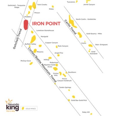 Figure 1: Iron Point is located at the intersection of the Cortez/Battle Mountain Trend and the Getchell Trend, which have combined historic production of 200 million oz of gold. (CNW Group/Nevada King Gold Corp.)