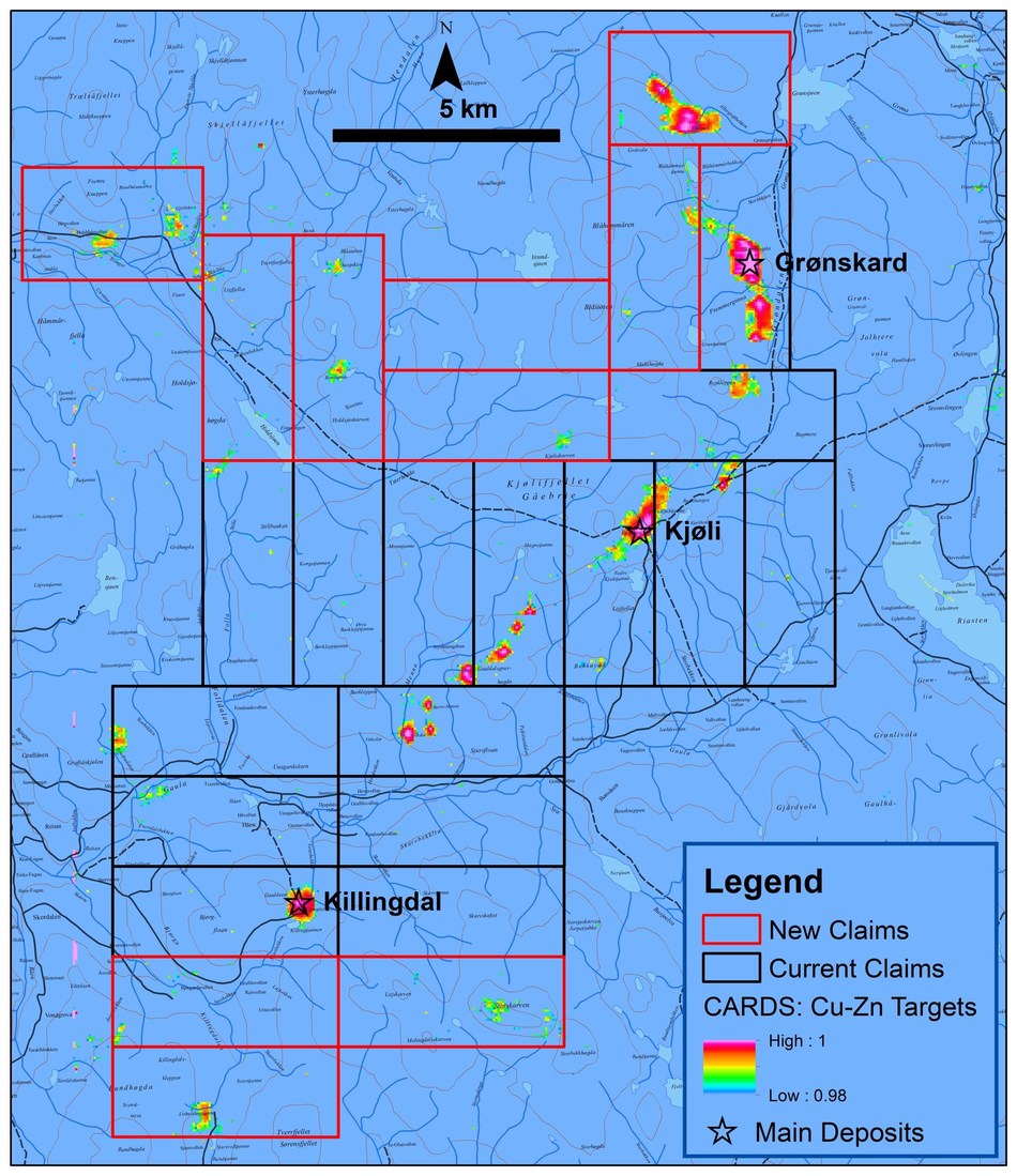 Figure 1. Kjøli property expansion covers 11 new copper-zinc targets. (CNW Group/Capella Minerals Limited)