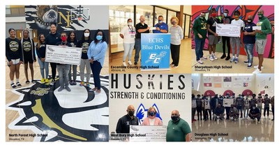 Hibbett Sports Sole School presentations (L to R) N. Forest HS, Houston; Escambia County HS, Atmore, AL; West Bury HS, Houston; Sharpstown HS, Houston and Douglass HS, Memphis. photo credits: Hibbett Sports and Atmore Advance