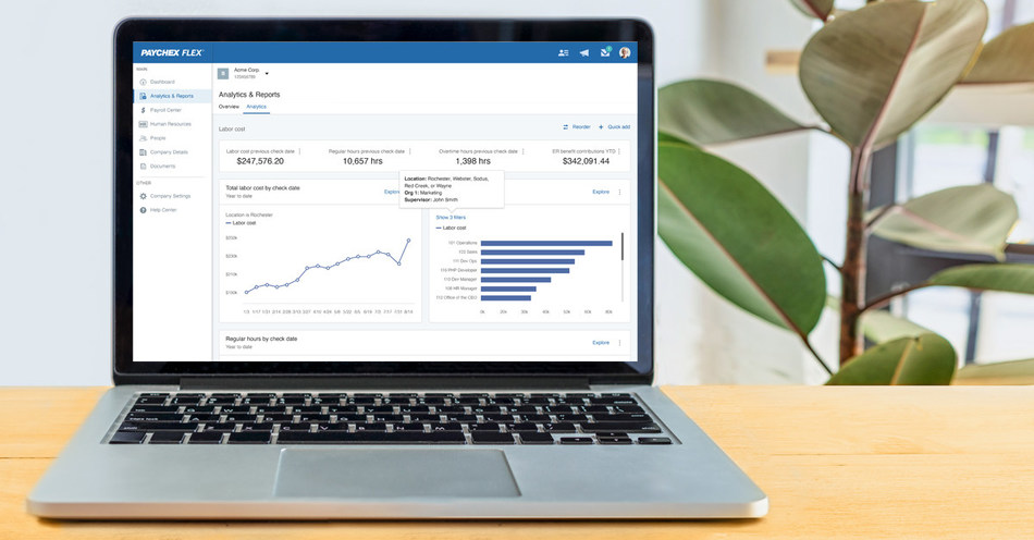 The new Paychex Flex Labor Cost Hub (pictured here) gives customers and CPAs a holistic, real-time view of total payroll labor job costing and labor distribution in one place