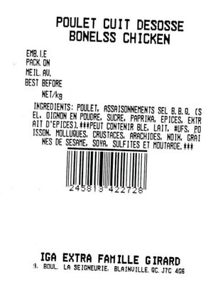 Mise en garde à la population - Avis de ne pas consommer divers produits à base de poulet désossé vendus par l'entreprise IGA extra La Seigneurie Blainville inc.