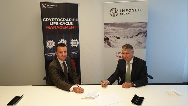 Julien Probst, Global Head of Products, InfoSec Global (left) and Airbus Defence and Space Executive Vice-President Marketing and Sales, Dr. Bernhard Brenner (right) during the signing of the Framework Cooperation Agreement.