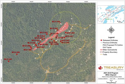 Figure 1: Miller Plan Map showing 2021 Drill Program Hole Locations (CNW Group/Treasury Metals Inc.)