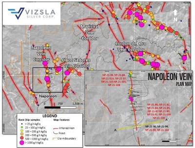 Figure 4: Plan map showing location of drill holes, mapped veins and surface sampling at the Napoleon Vein Corridor.  Labels shown in red for reported holes.  Inset shows detail of Napoleon’s drill collar locations (CNW Group/Vizsla Silver Corp.)
