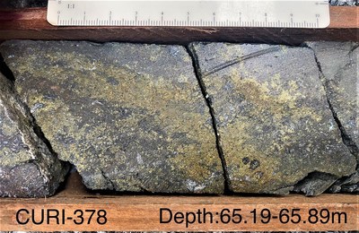 (ADZN-tsxv) (ADVZF-otcqx) Drill Hole CURI-378 - highlighted by 5.87% copper, 24.56 g/t gold, 8.94% zinc, 339.5 g/t silver, and 0.49% lead for 24.86% CuEq (CNW Group/Adventus Mining Corporation)