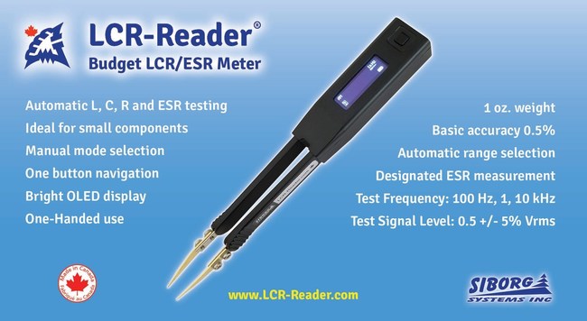 High-quality budget LCR-meter model LCR-Reader-R1. It features 0.5% basic accuracy and provides automatic and manual LCR and ESR measurements.