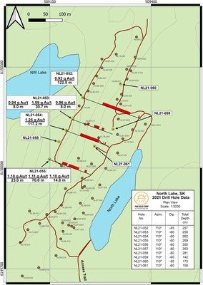 Figure 1: North Lake drill hole locations, showing 2021 winter drilling results to date. (CNW Group/MAS Gold Corp)