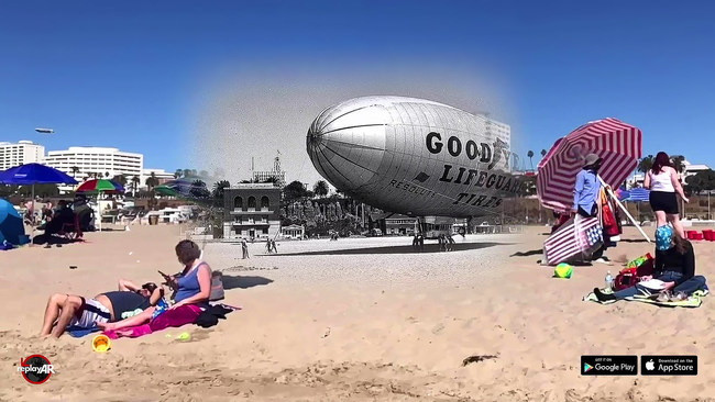 An augmented reality app allows Los Angeles "time travelers" to witness a Goodyear Blimp moored on Santa Monica Beach in 1940.