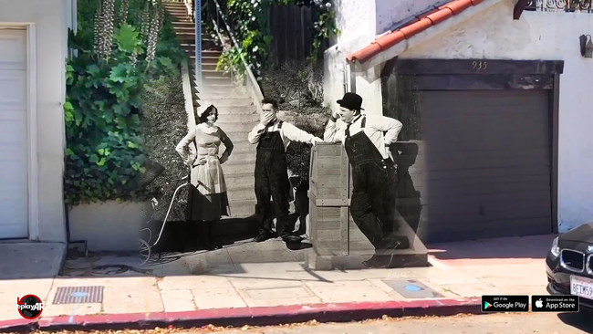 An LA tech startup uses patented AR technology to reveal Stan Laurel and Oliver Hardy on the "Music Box Steps" in Silver Lake.