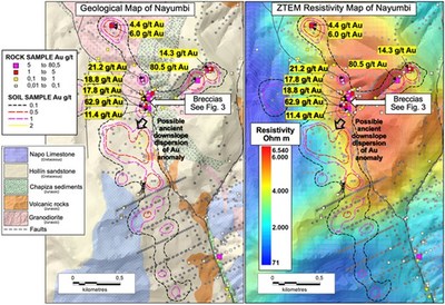 Figure 2. Project maps showing mapped geology, breccia occurrence, soil samples with anomaly contour as well as rock chip samples and ZTEM resistivity. (CNW Group/Luminex Resources Corp.)