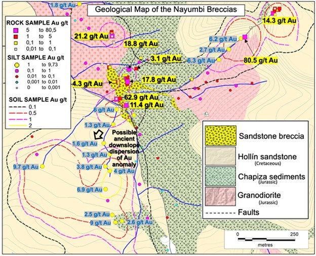 Figure 3. Geological map of drill target area with selected rock and silt sampling results. (CNW Group/Luminex Resources Corp.)