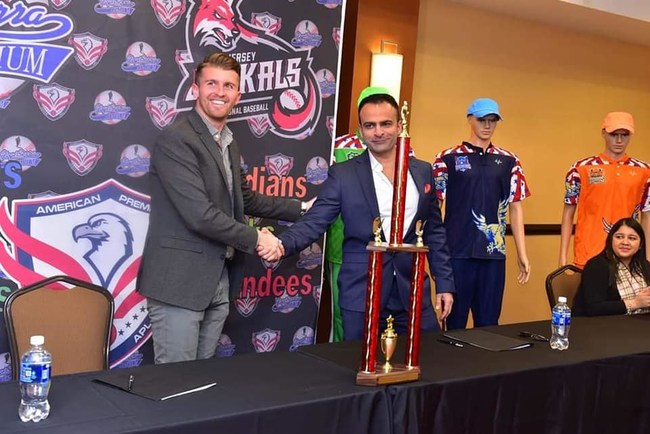 Jay Mir (Founder and CEO , American Premiere League) shaking hands with Gill Addeo (General Manager New Jersey Jackals) at the Historic Contract Signing Ceremony to host American Premiere League at the Yogi Berra Stadium New Jersey.