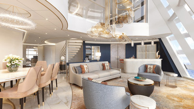The Wish Tower Suite, a first-of-its-kind accommodation set high in the forward funnel of the Disney Wish, will be Disney Cruise Line’s most unique suite yet. The magnificent living room will be flanked by an open dining area, a large pantry and a bar, all offering extraordinary views across the upper decks to the horizon through an expansive two-story window wall. (Disney) (PRNewsfoto/Disney Cruise Line)