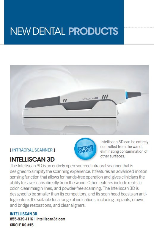 Intelliscan 3D, can be entirely controlled from the wand eliminating contamination of other surfaces. The Intelliscan 3D is an entirely open sourced intraoral scanner that is designed to simplify the scanning experience. It features an advanced motion sensing function that allows for hands free operation and gives clinicians the ability to directly save scans from the wand. Other great features include realistic color, clear margin lines, and powder-free scanning.