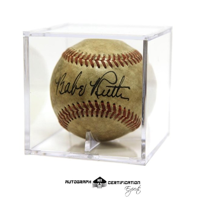 From a large collection of rare sports memorabilia, Babe Ruth-signed red-stitched baseball, ACE certified. Encased in clear plastic cube. Accompanied by COA from Autograph Certification Experts (ACE). Estimate $7,900-$9,800