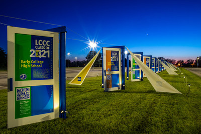 Lorain County Community College celebrates the graduating class of 2021 with the “Doors of Opportunity” tribute. Twenty-one full sized doors line a grassy median stretching nearly 450 feet – longer than a football field – and symbolize of the unique journey each LCCC student took to reach graduation day.