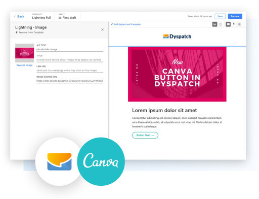 The Canva button in action in the Dyspatch email builder.
