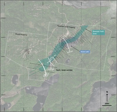 Figure 1: Plan view of the Newman Todd / Rivard properties, the NT Zone and the 6 drillholes reported in this news release. (CNW Group/Trillium Gold Mines Inc.)