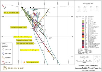 Figure 3: Section for hole NT21-181 showing significant mineralized intersections. (CNW Group/Trillium Gold Mines Inc.)