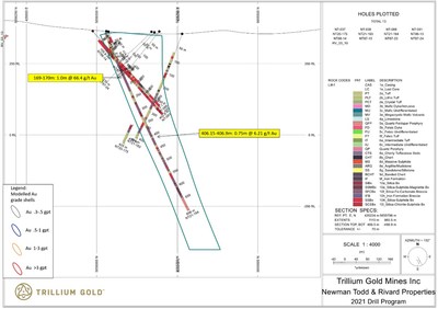 Figure 6: Section for hole NT21-184 showing significant mineralized intersections. (CNW Group/Trillium Gold Mines Inc.)