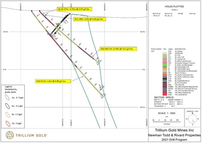 Figure 7: Section for holes RV21-26 & RV21-27 showing significant mineralized intersections. (CNW Group/Trillium Gold Mines Inc.)
