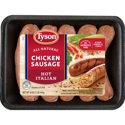 Tyson Chicken Sausage is currently available in three varieties, offers 13 grams of protein per serving with 60 percent less total fat, and 45 percent fewer calories than traditional pork sausages*.