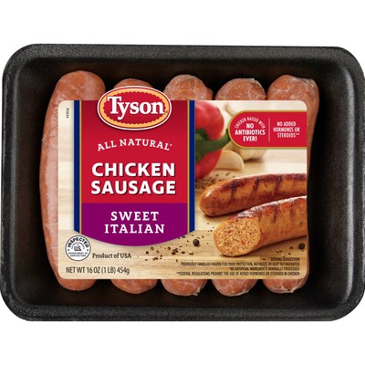 Tyson Chicken Sausage is currently available in three varieties, offers 13 grams of protein per serving with 60 percent less total fat, and 45 percent fewer calories than traditional pork sausages*.