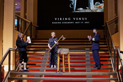 In keeping with the naming custom, ceremonial godmother Anne Diamond assisted in breaking a bottle of Norwegian aquavit on the ship’s hull—using an historic Viking broad axe to cut a ribbon that symbolically held the bottle in place. For more information, visit www.viking.com.