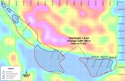 Figure 1 – Plan view of MacDiarmid Property showing reported and planned holes – outline of gravity low and magnetic high geophysics anomaly overlain on total field magnetic intensity, MacDiarmid Township, Ontario. (CNW Group/Canada Nickel Company Inc.)
