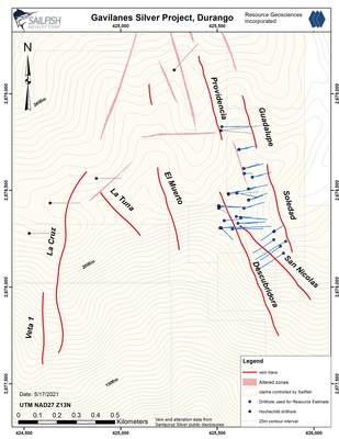 Exhibit 2 - Surface Map at Gavilanes Highlighting the Potential for Additional Polymetallic Veins -  The mineral resource estimate is mainly found at Guadalupe-Soledad, Descubridora and San Nicolas veins. Both Descubridora and San Nicolas remain open. Veins such as La Tuna, El Muerto and Providencia remain undrilled. Only a shallow three-hole test of La Cruz was done historically; thus, remains virtually untested. (CNW Group/Sailfish Royalty Corp.)