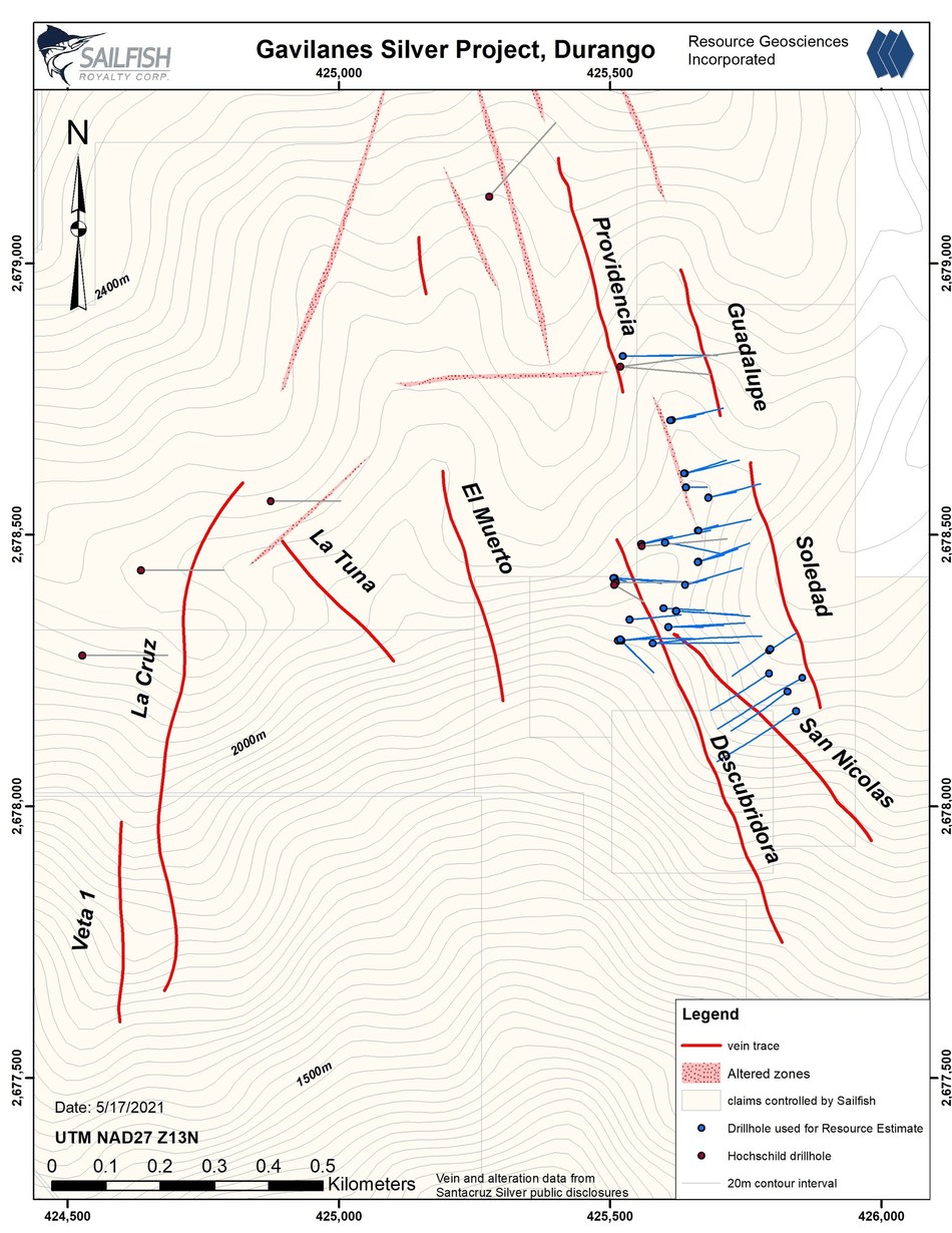 Exhibit 2 - Surface Map at Gavilanes Highlighting the Potential for Additional Polymetallic Veins -
The mineral resource estimate is mainly found at Guadalupe-Soledad, Descubridora and San Nicolas veins. Both Descubridora and San Nicolas remain open. Veins such as La Tuna, El Muerto and Providencia remain undrilled. Only a shallow three-hole test of La Cruz was done historically; thus, remains virtually untested. (CNW Group/Sailfish Royalty Corp.)