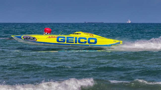 Miss GEICO on the race course during the 2019 Thunder on Cocoa Beach Powerboat Race. After the pandemic caused the cancellation of the 2020 event, race fans are excited to attend activities for the 2021 Thunder on Cocoa Beach Powerboat and AquaX races. The Cocoa Beach race will be the first of six races in the APBA Championship Series.