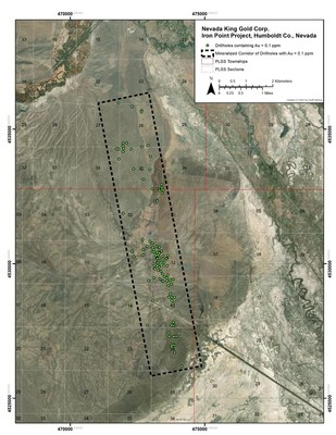 Figure 1: Historical drill hole collar locations showing drill holes with known cumulative intercepts of > 0.10 g/t Au, hosted the Upper Plate sedimentary rock assemblage, Iron Point Project. (CNW Group/Nevada King Gold Corp.)