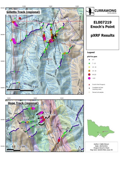 Figure 2. Enoch’s Point Soil Sampling Results for key prospects (CNW Group/Fosterville South Exploration Ltd.)