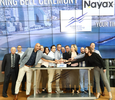 From right to left: Ella Shechtman, VP HR Nayax; Moshe Orenstein, VP product Nayax; Saffi Keisari, Development Manager Nayax; Keren Sharir, VP Marketing Nayax; Amir Nechmad, Co- Founder Nayax; Yair Nechmad, CEO, Chairman & Co- Founder Nayax; David Ben-Avi, Chief Technology Officer Nayax; Liron Grosman, CEO Nayax; Tami Erel, Chief Business Operations Nayax; Michael Galai, Chief Legal Officer Nayax; Ittai Ben-Zeev, CEO TASE and Amnon Neubach, Chairman TASE.(credit: Sivan Farag) (PRNewsfoto/The Tel Aviv Stock Exchange Ltd.)