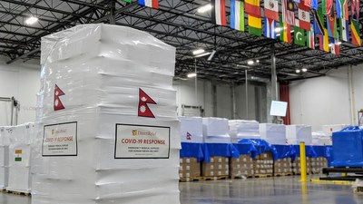 In response to Nepal's recent surge in COVID-19 cases, shipments of PPE and Covid-19 aid are staged in the Direct Relief warehouse for delivery to health facilities in Nepal. (Maeve O'Connor/Direct Relief)