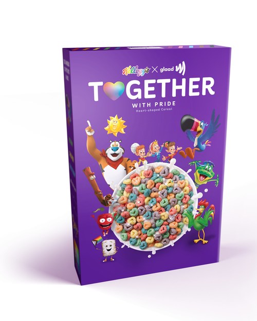 Starting mid-May and for the first time in conjunction with Pride month, Kellogg’s Together With Pride cereal will be available at select major retailers nationwide. The delicious new recipe features berry-flavored, rainbow hearts dusted with edible glitter.