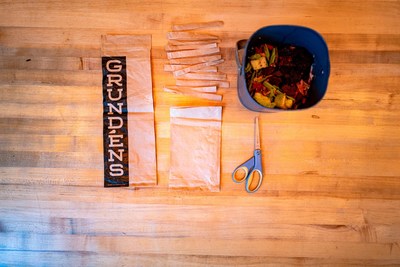 Grundens compostable bag can be cut into strips and can be thrown into a simple home composter.