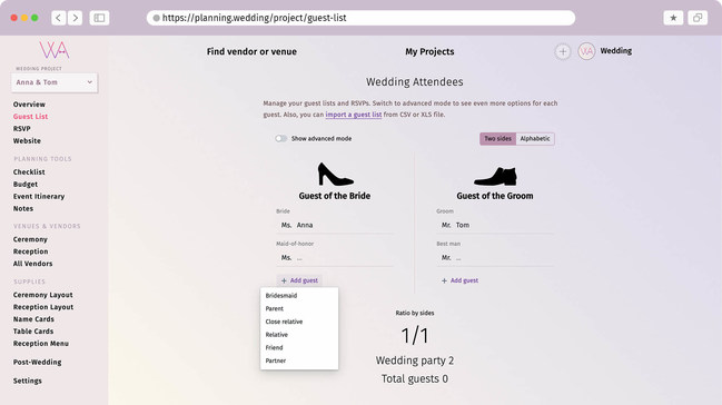 Interface de la liste des invités de mariage