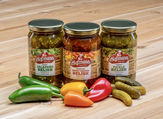 Sweet Jalapeno, Traditional Sweet Pepper, and Original Pickle Relishes by Hofmann Sausage Company, Syracuse, New York.